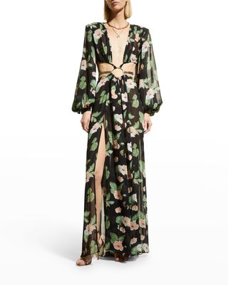 Floral-Print Cutout Gown w/ Slit