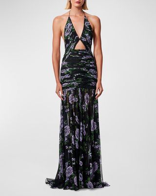 Floral-Print Cutout Ruched Chiffon Halter Gown