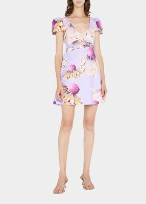 Floral-Print Cutout Ruffle-Trim Mini Dress