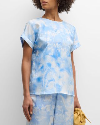 Floral-Print Dolman-Sleeve Silk Twill Shirt