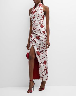 Floral-Print Draped Satin Halter Maxi Dress