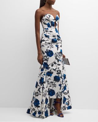 Floral-Print Draped Strapless Satin Gown