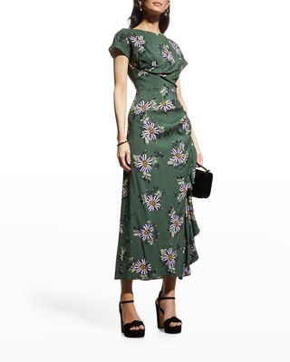 Floral-Print Draped Tea-Length Dress