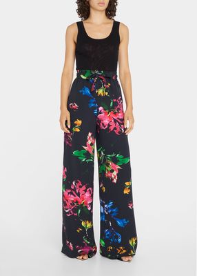 Floral-Print Drawstring Wide-Leg Pajama Pants