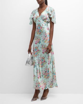 Floral-Print Empire-Waist Short-Sleeve Midi Dress
