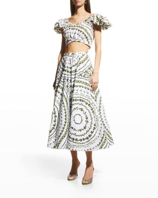 Floral-Print Eyelet Midi Skirt