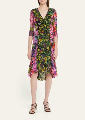 Floral-Print Faux-Wrap Tulle Midi Dress