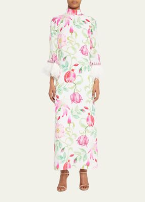 Floral-Print Feather Cuff Gown