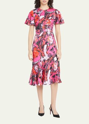 Floral-Print Flutter-Sleeve Midi Dress
