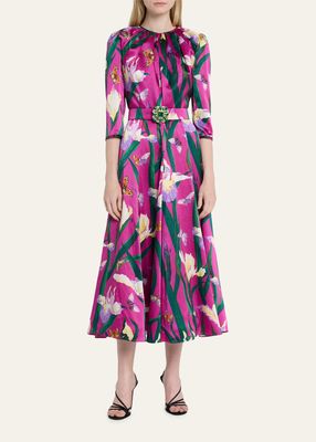 Floral-Print Gathered Belted Midi Dress
