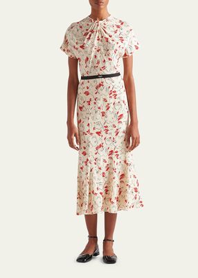 Floral-Print Gathered Midi Dress