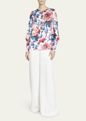 Floral-Print Gem-Embellished Silk Blouse