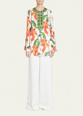 Floral-Print Gem Embellished Silk Tunic Top