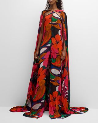 Floral-Print Halter Cape Gown