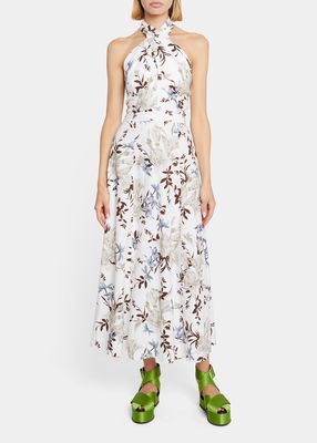 Floral-Print Halter Open-Back Linen Dress
