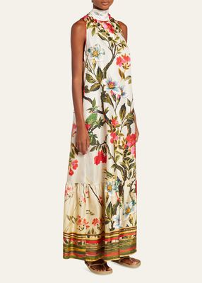 Floral-Print High-Neck Silk Maxi Dress