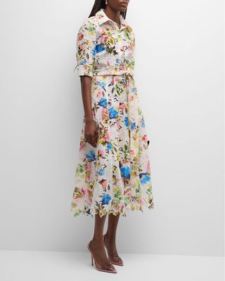 Floral-Print Lace Belted Midi Shirtdress