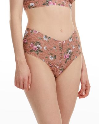 Floral-Print Lace Thong