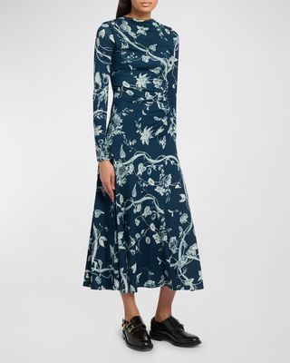 Floral-Print Long-Sleeve Drawstring Ruched Midi Dress