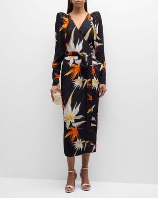 Floral-Print Long-Sleeve Midi Wrap Dress