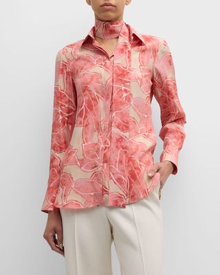 Floral-Print Long-Sleeve Neck-Scarf Silk Blouse