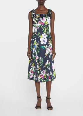 Floral-Print Midi Dress w/ 3D Flowers