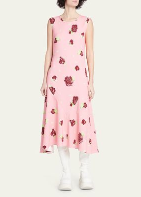 Floral-Print Midi Dress with Asymmetric Hem