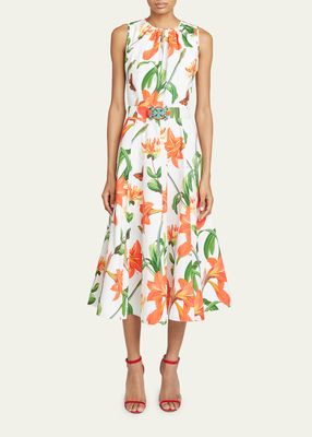Floral Print Midi Dress with Embellished Belt