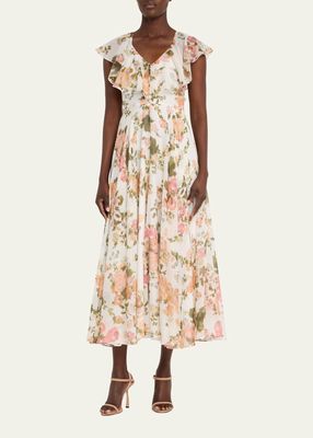 Floral Print Midi Dress with Ruffle Detail