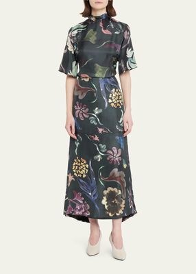 Floral-Print Mock-Neck Belted Dress
