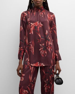 Floral-Print Mock-Neck Crepe De Chine Blouse