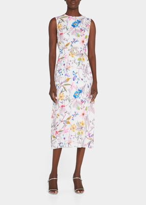 Floral-Print Pearl-Trim Belted Silk Midi Dress
