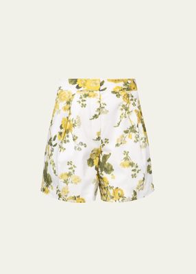 Floral-Print Pleated Poplin Tailored Shorts