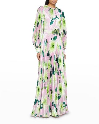 Floral-Print Pleated Silk Gown w/ Belt