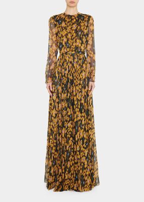 Floral-Print Pleated Silk Gown