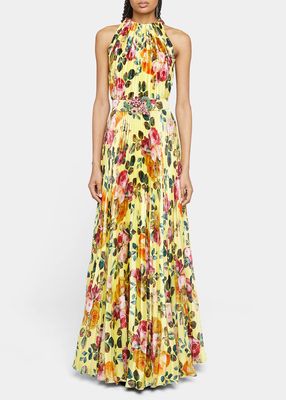 Floral-Print Plisse Belted Gown