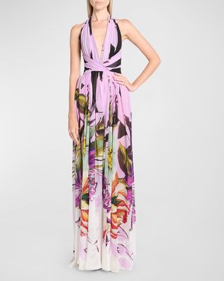 Floral-Print Plunging Halter Silk Gown