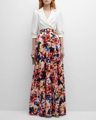 Floral-Print Puff-Sleeve Belted Shirtdress Gown