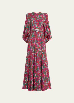 Floral Print Puff-Sleeve Belted Silk Gown