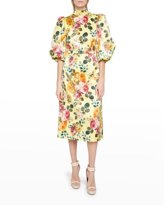 Floral-Print Puff-Sleeve Belted Silk Midi Dress