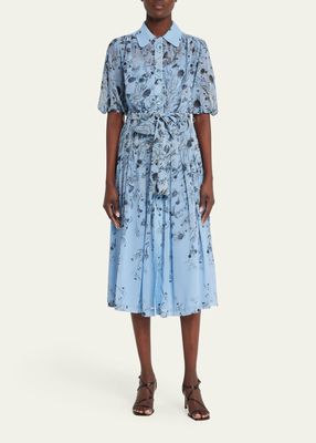 Floral-Print Puff-Sleeve Chiffon Midi Dress