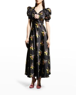 Floral-Print Puff-Sleeve Silk Midi Dress