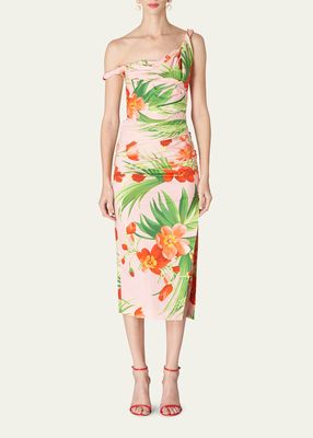 Floral-Print Ruched Bodice Off-Shoulder Midi Dress