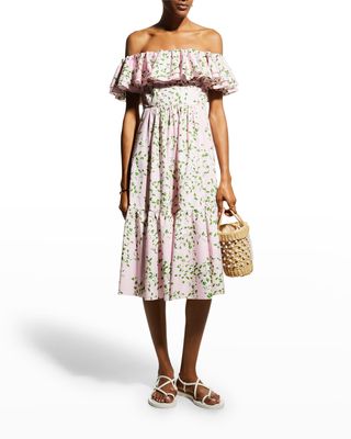 Floral-Print Ruffle Off-The-Shoulder Midi Dress