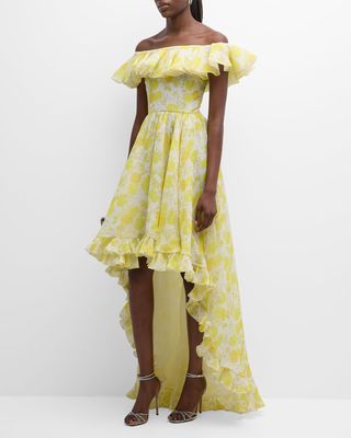 Floral-Print Ruffle Off-The-Shoulder Silk Georgette High-Low Dress