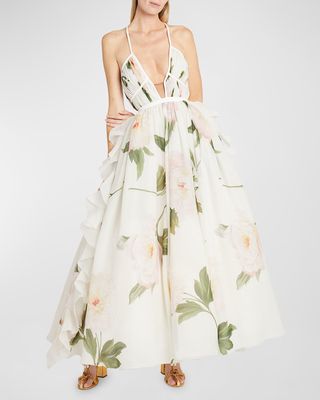 Floral-Print Ruffle Pleated Plunging Silk Gown