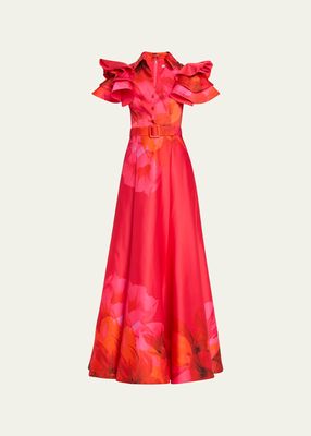 Floral-Print Ruffle-Sleeve Shirt Gown