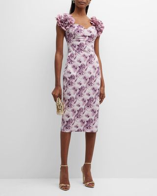 Floral-Print Ruffle Sweetheart Midi Dress