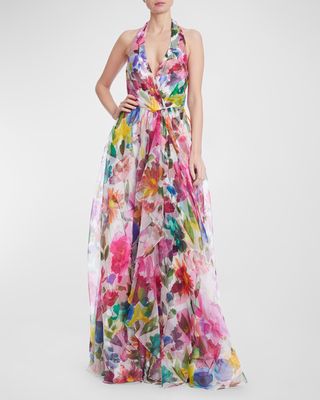 Floral-Print Ruffle-Trim Organza Halter Gown