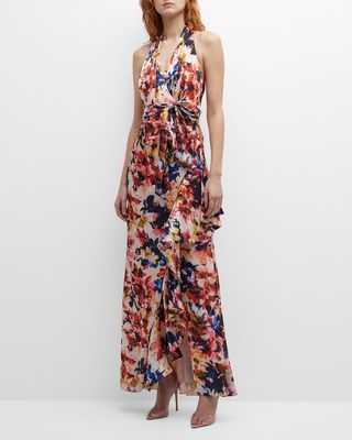Floral-Print Ruffle Wrap Halter Gown